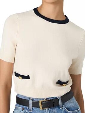 French Connection Cream Short-Sleeve Sweater with Black Trim